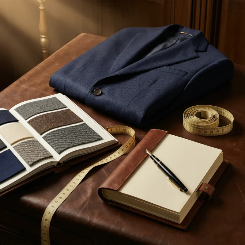 Fabric swatch books and a tailored jacket at Bespoke Suits Bangkok