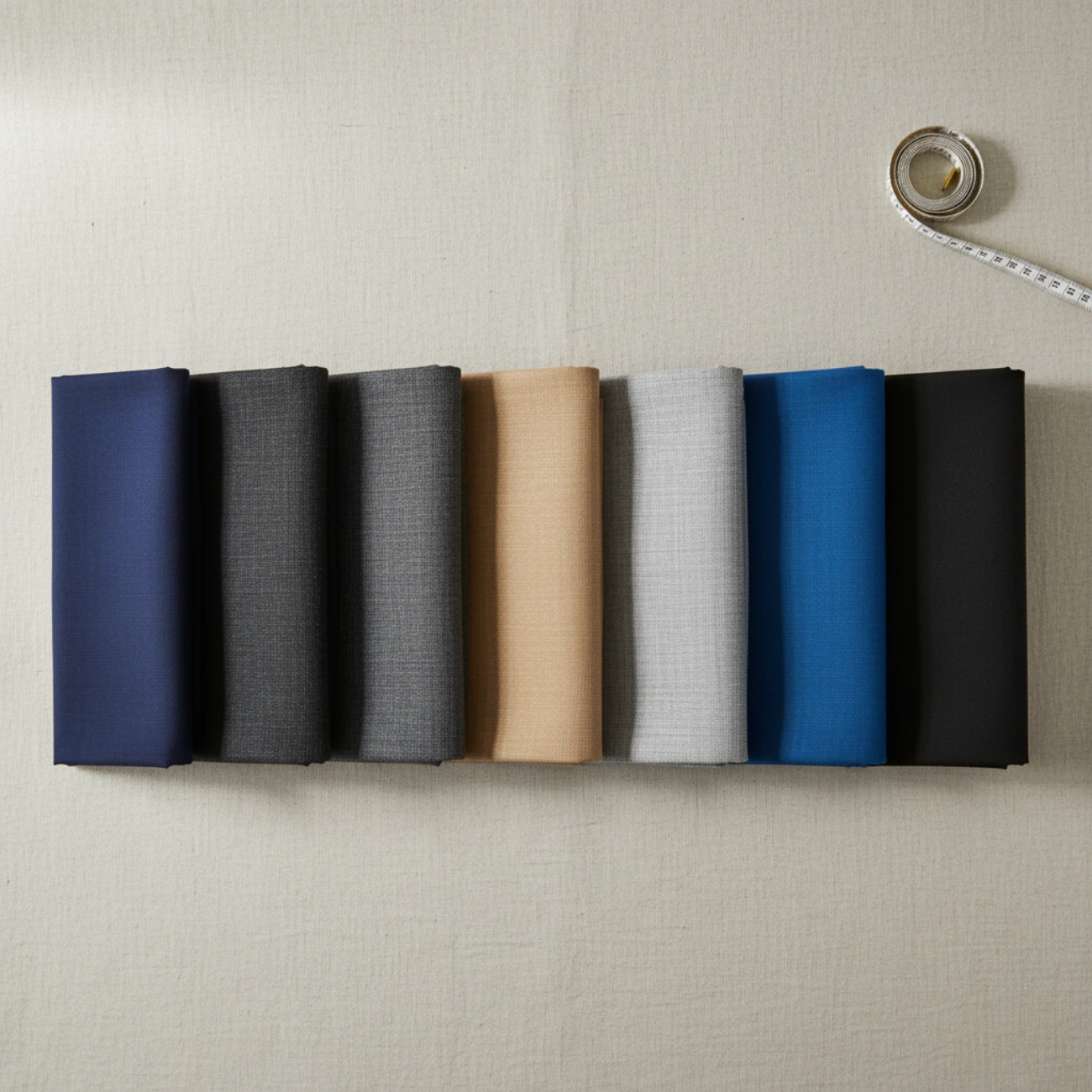 Best suit colors for men - navy, charcoal, grey, tan, blue and black fabric swatches in a row