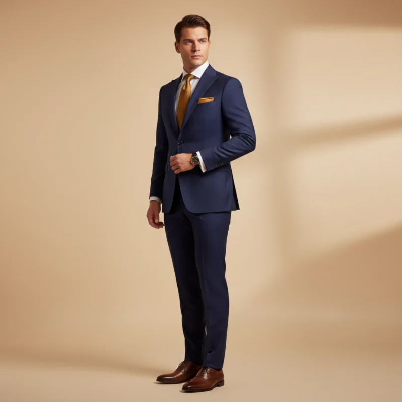 How a suit should fit - man in a well-fitted navy bespoke suit shown in profile