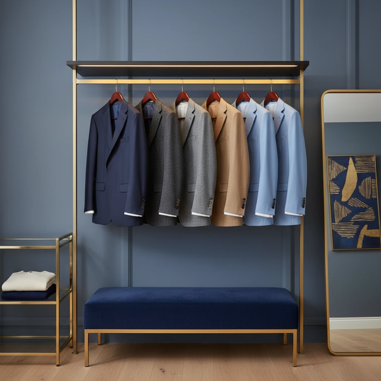 How many suits should a man own - a rail of five bespoke suits in navy, grey and tan