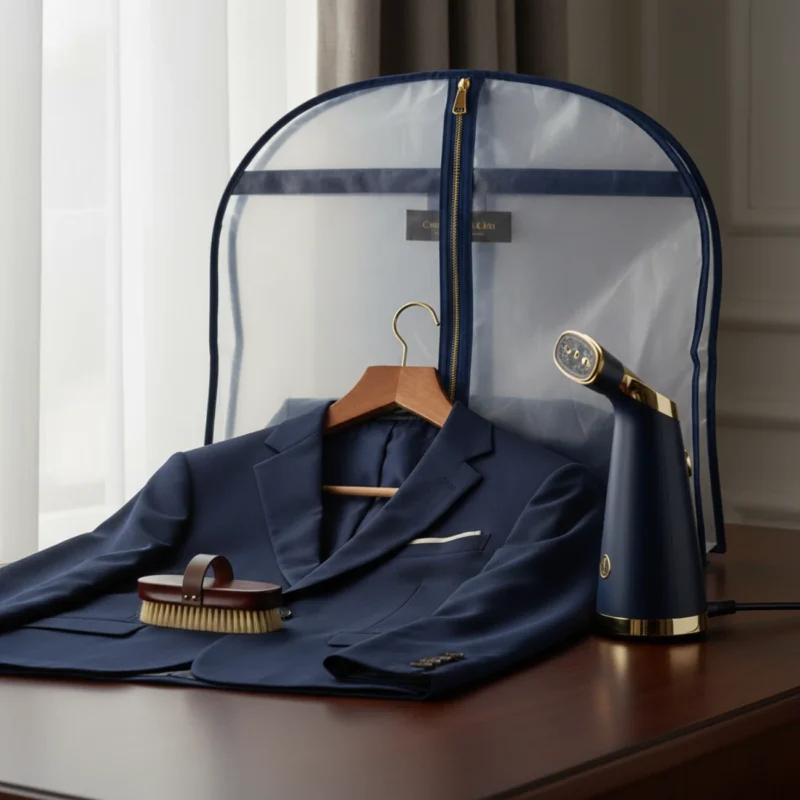 How to care for a suit - clothes brush, wooden hanger and steamer beside a navy jacket