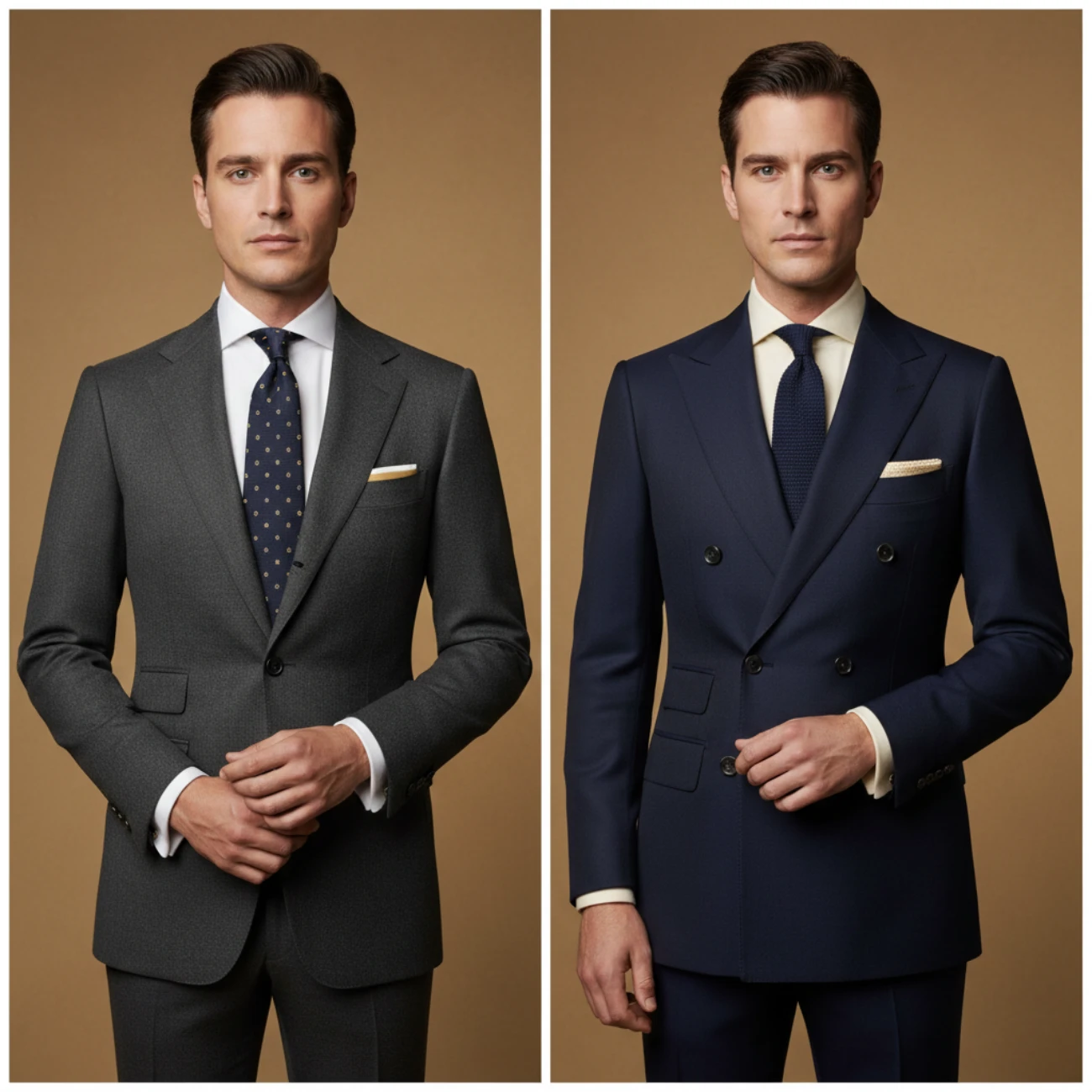Single breasted vs double breasted - charcoal single-breasted suit next to a navy double-breasted suit